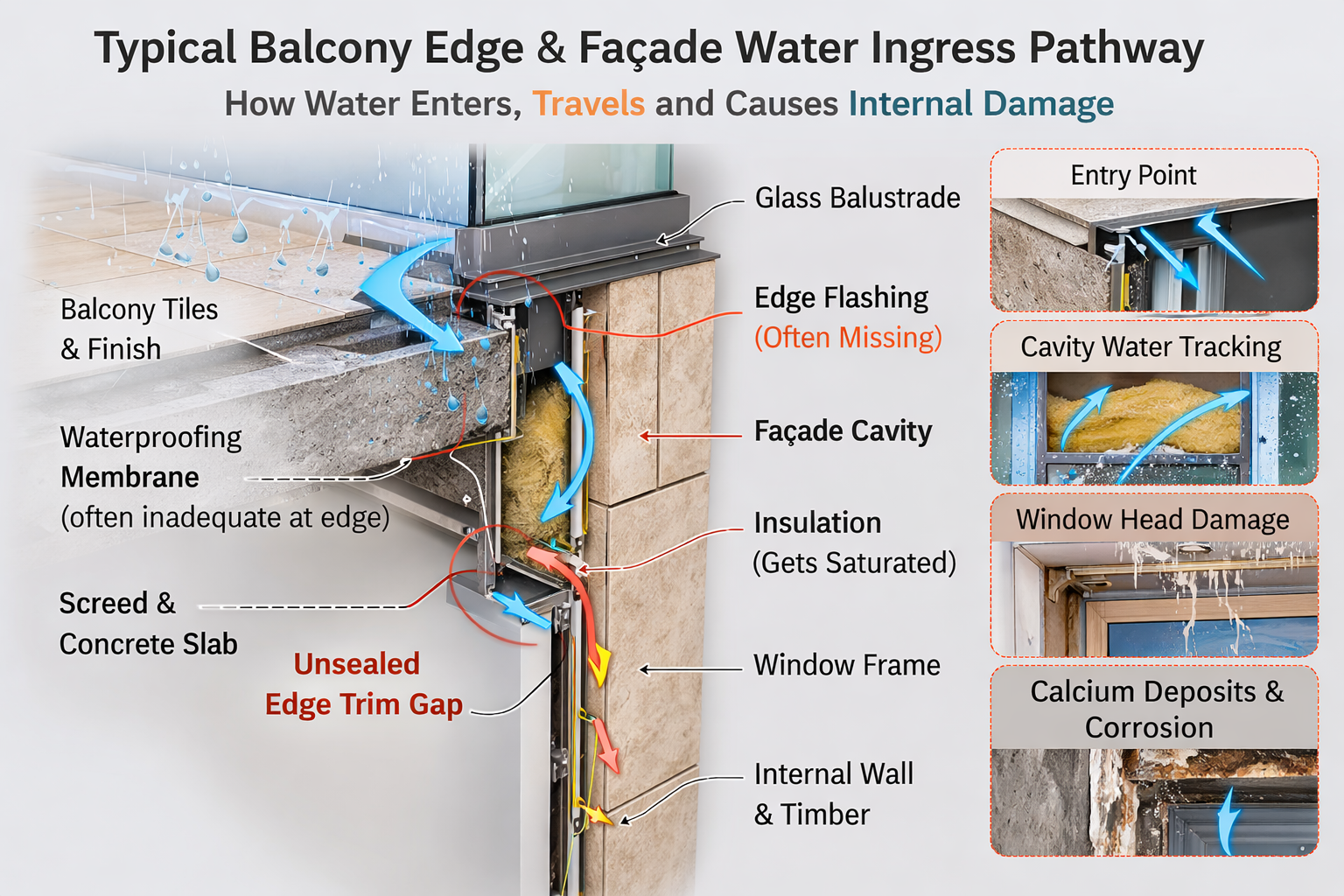 Typical balcony edge and façade water ingress pathway